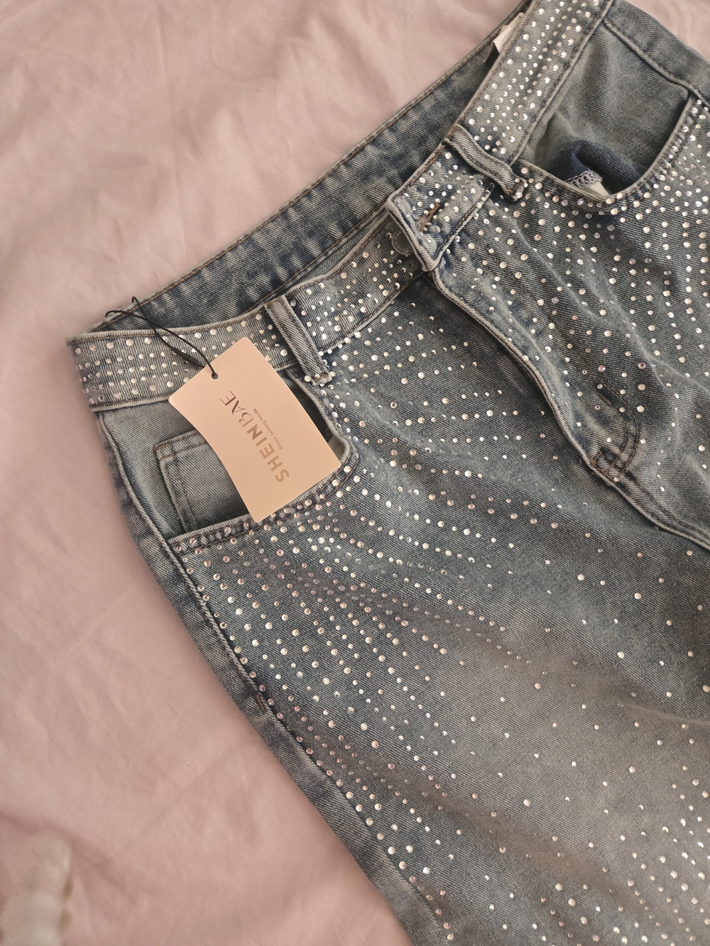 SHEIN Light Blue High-Rise Jeans with Silver Rhinestones